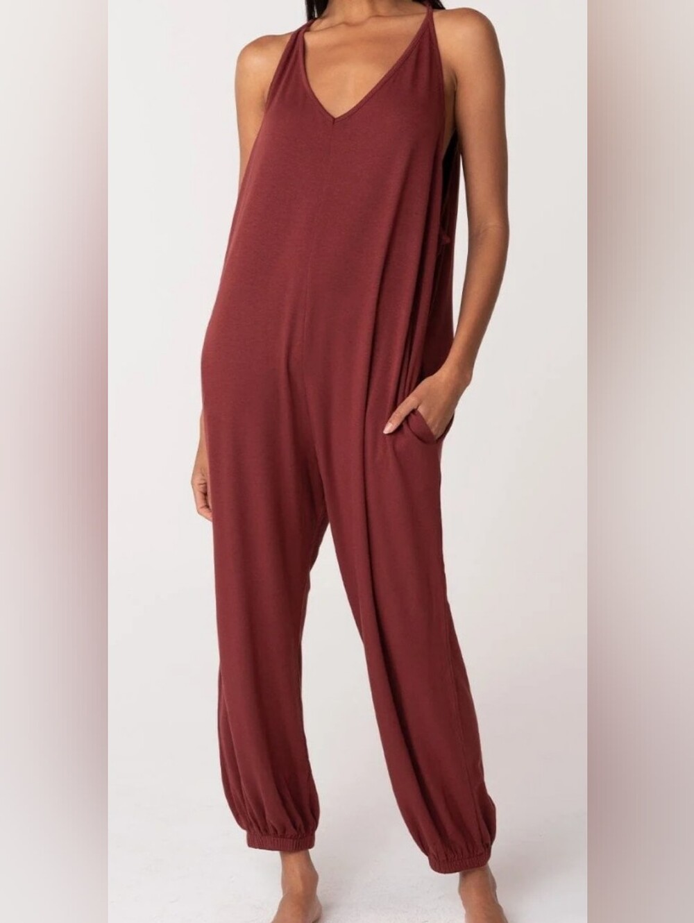 Lovestitch Sleeveless Jumpsuit With Pockets in Burgundy Size S/M Adjustable